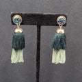 Pierced Earrings Gold tone Green Tassel Faux Druzy Dangle 2.25"
