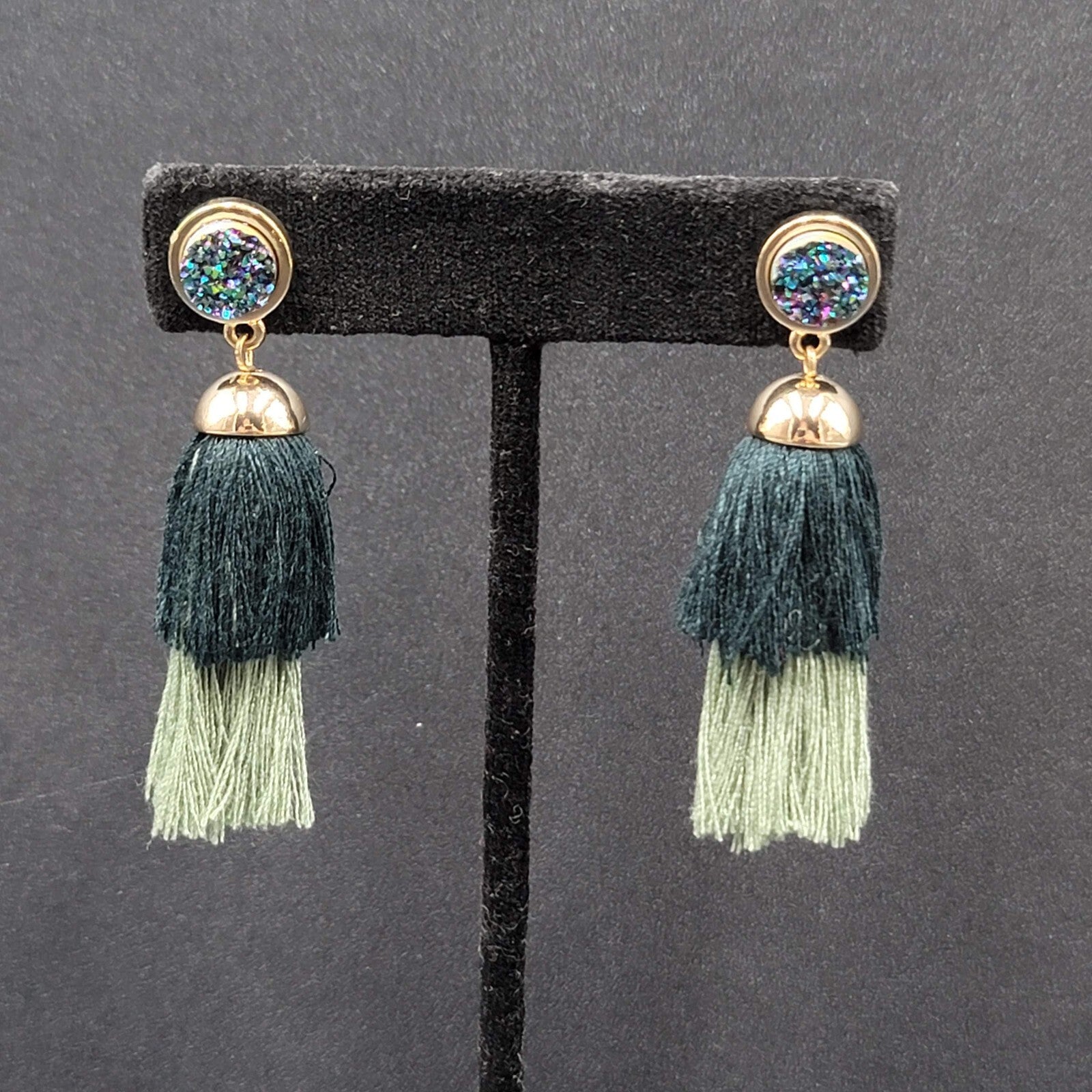 Pierced Earrings Gold tone Green Tassel Faux Druzy Dangle 2.25"
