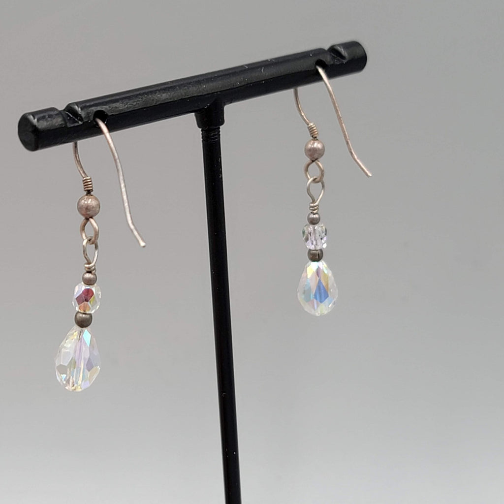 AB Crystal Teardrop Bead Pierced Earrings Silver tone Dangle 7/8"
