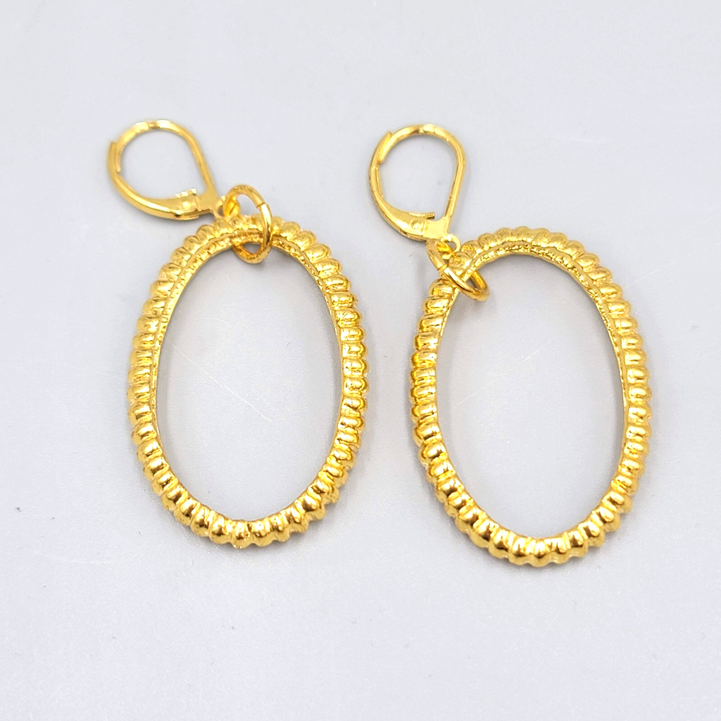 Gold tone Pierced Earrings Dangle Oval Open Hoops Leverback 1.5"
