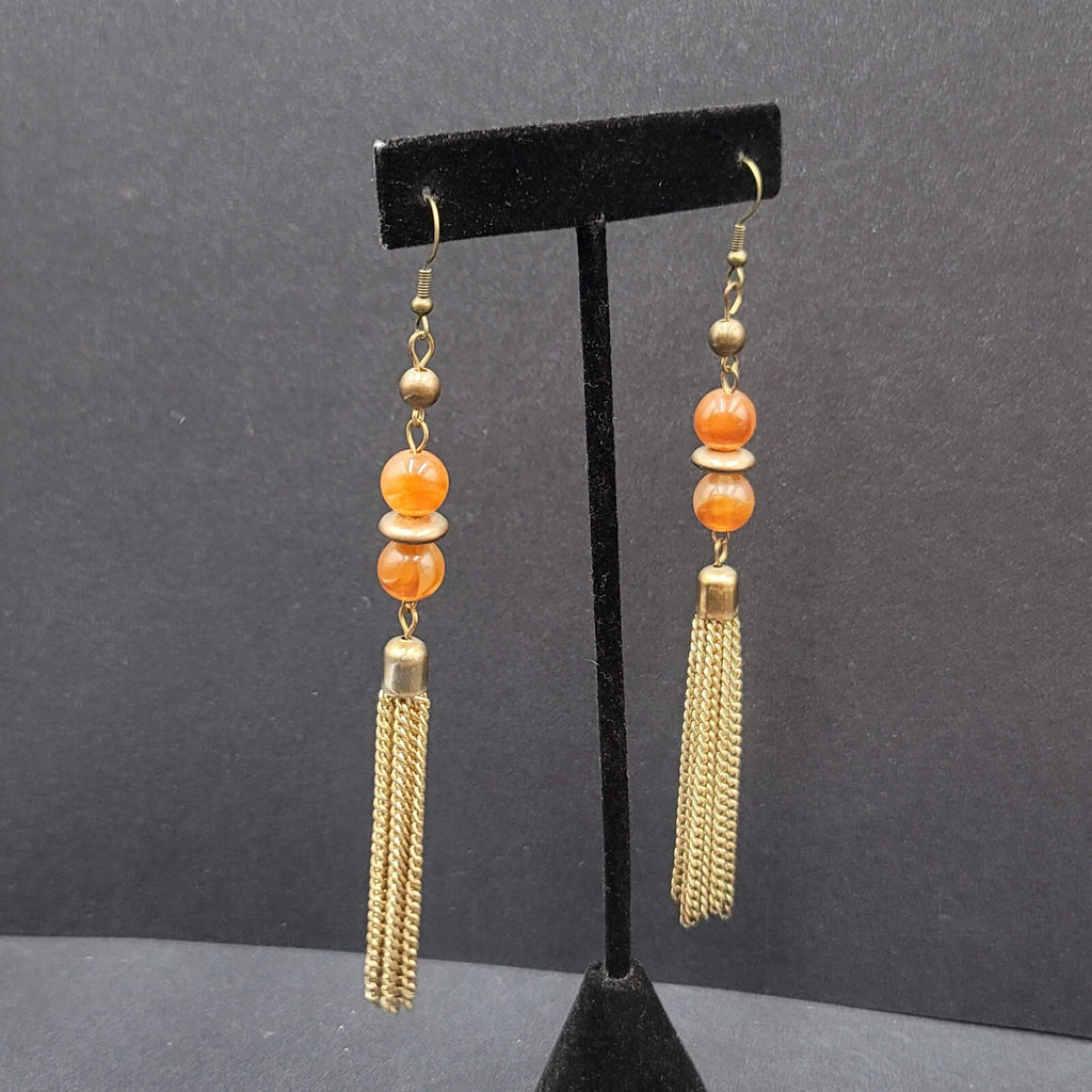Pierced Earrings Gold tone Multi Chain Orange Bead Extra Long Dangle 4"