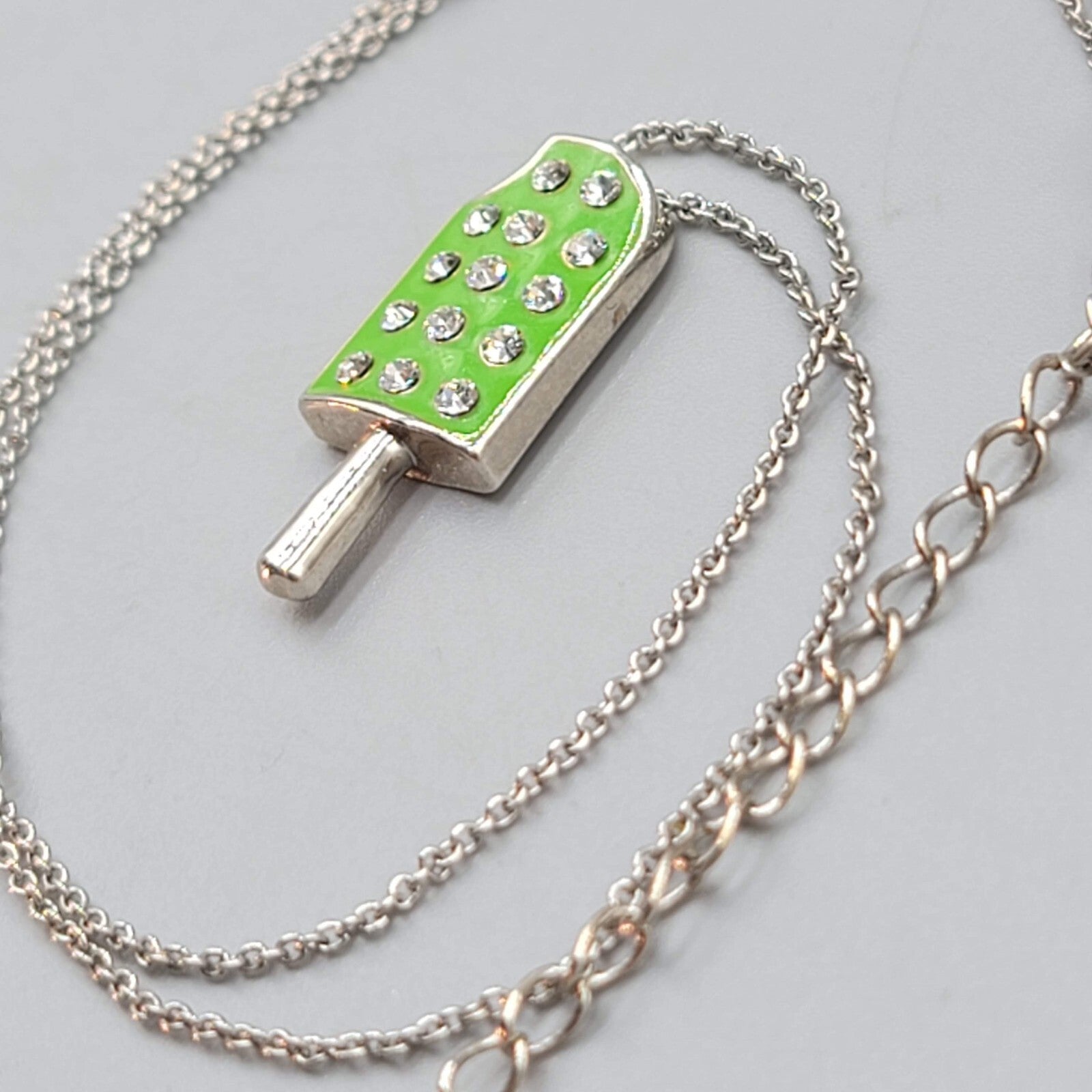 Lia Sophia Popsicle Pendant Necklace Green Enamel Crystal Silver tone 18"