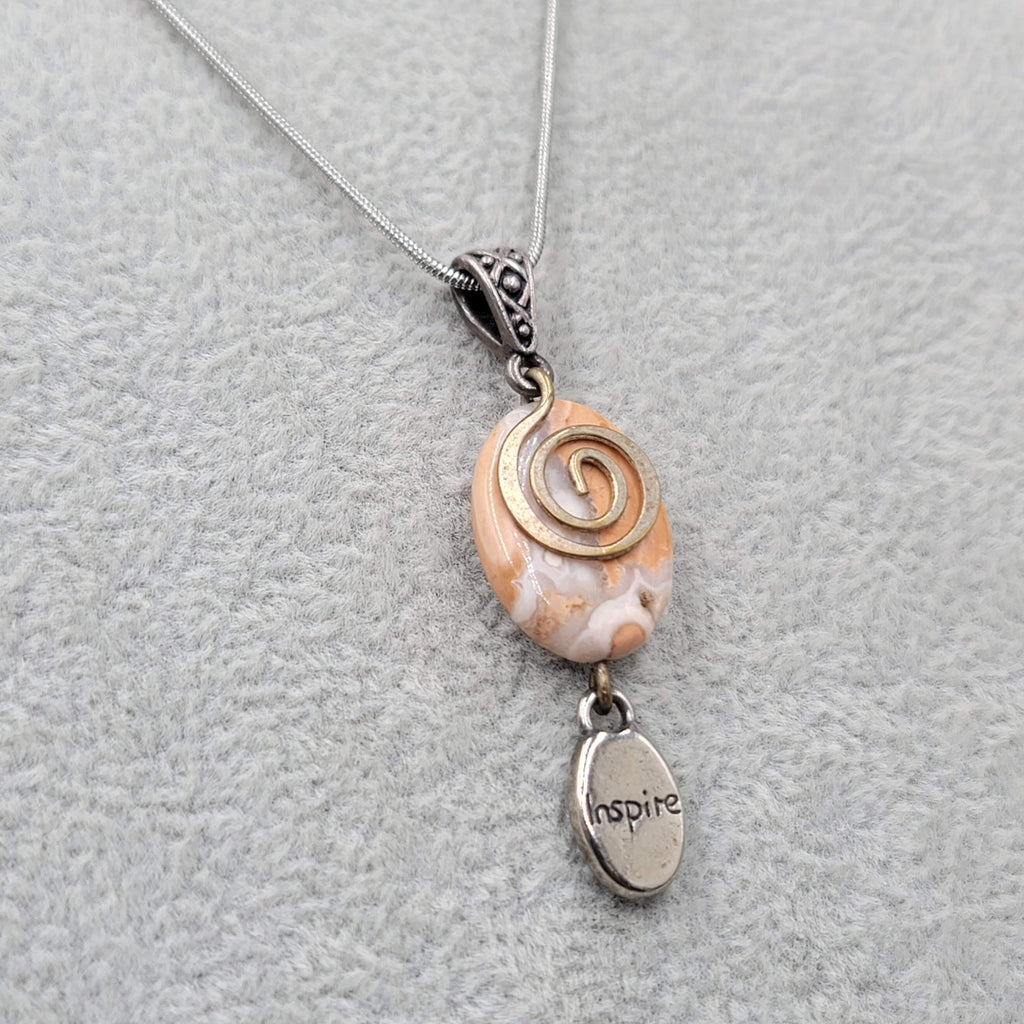 Inspire Agate Pendant Necklace Silver tone Snake Chain 18 in