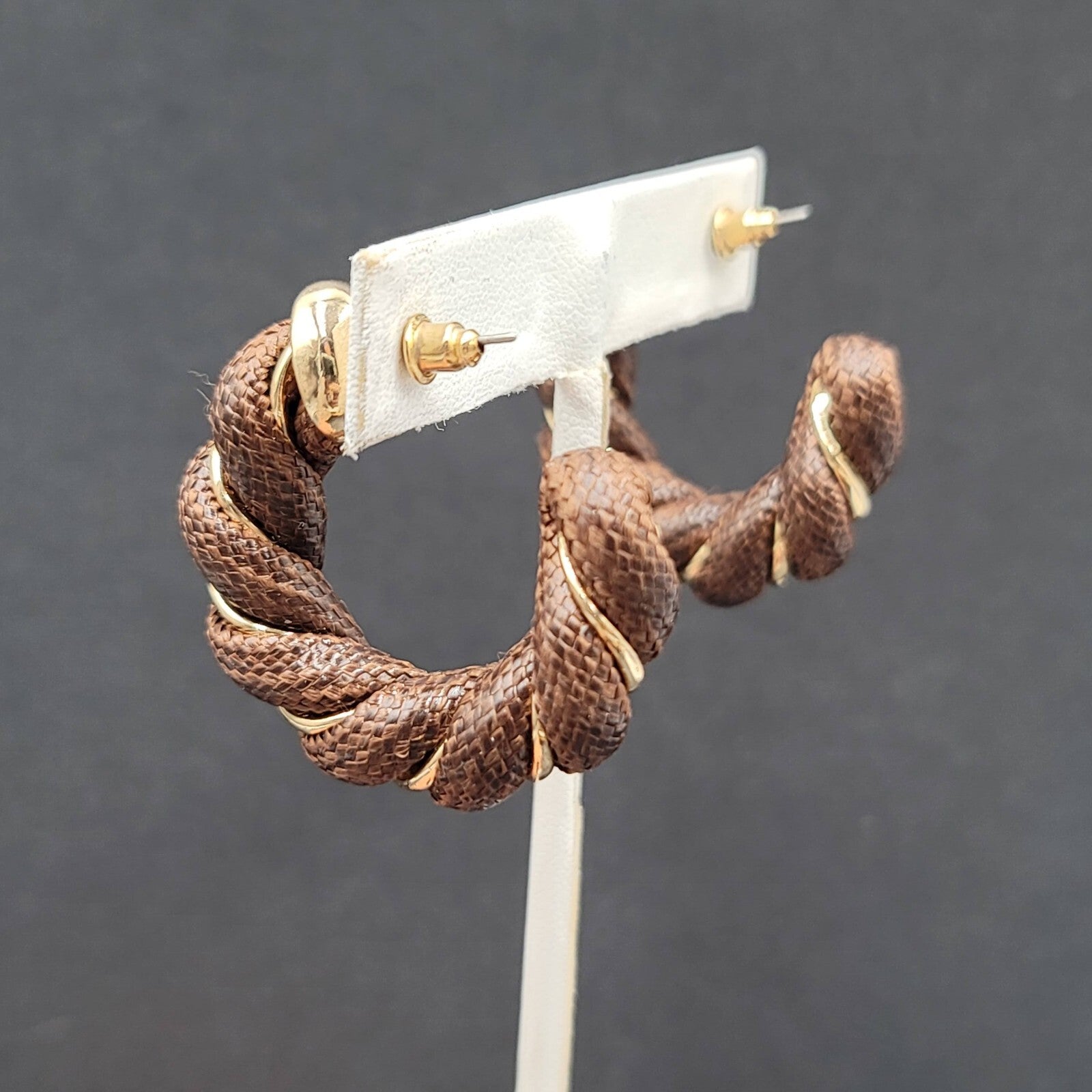 Pierced Earrings Gold tone Brown Fabric Wrapped Drop Hoops 1.5"