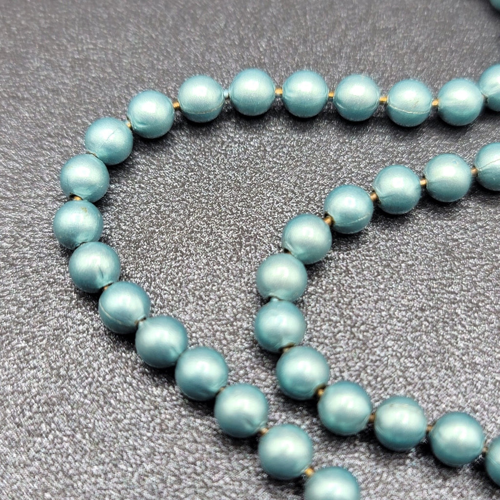 Vintage Necklace Blue Enamel Metal Beads Daisy Flower Logo Estate Jewelry 25"