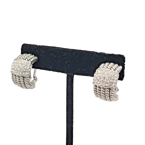 Crystal Pave Hoops Rope Design Pierced Earrings Silver tone Omega Back 3/4 in