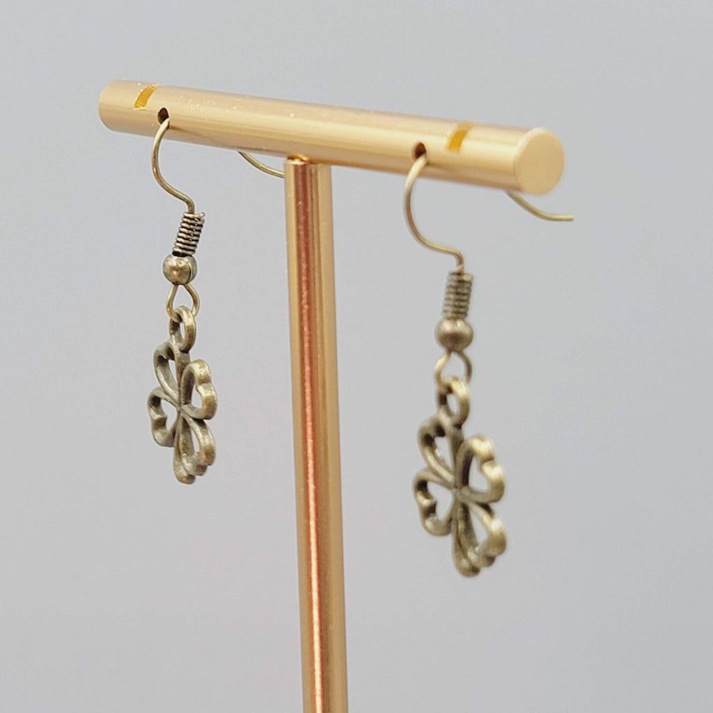 Lucky Shamrock 4 Leaf Clover Pierced Earrings Bronze tone Dangle 5/8"