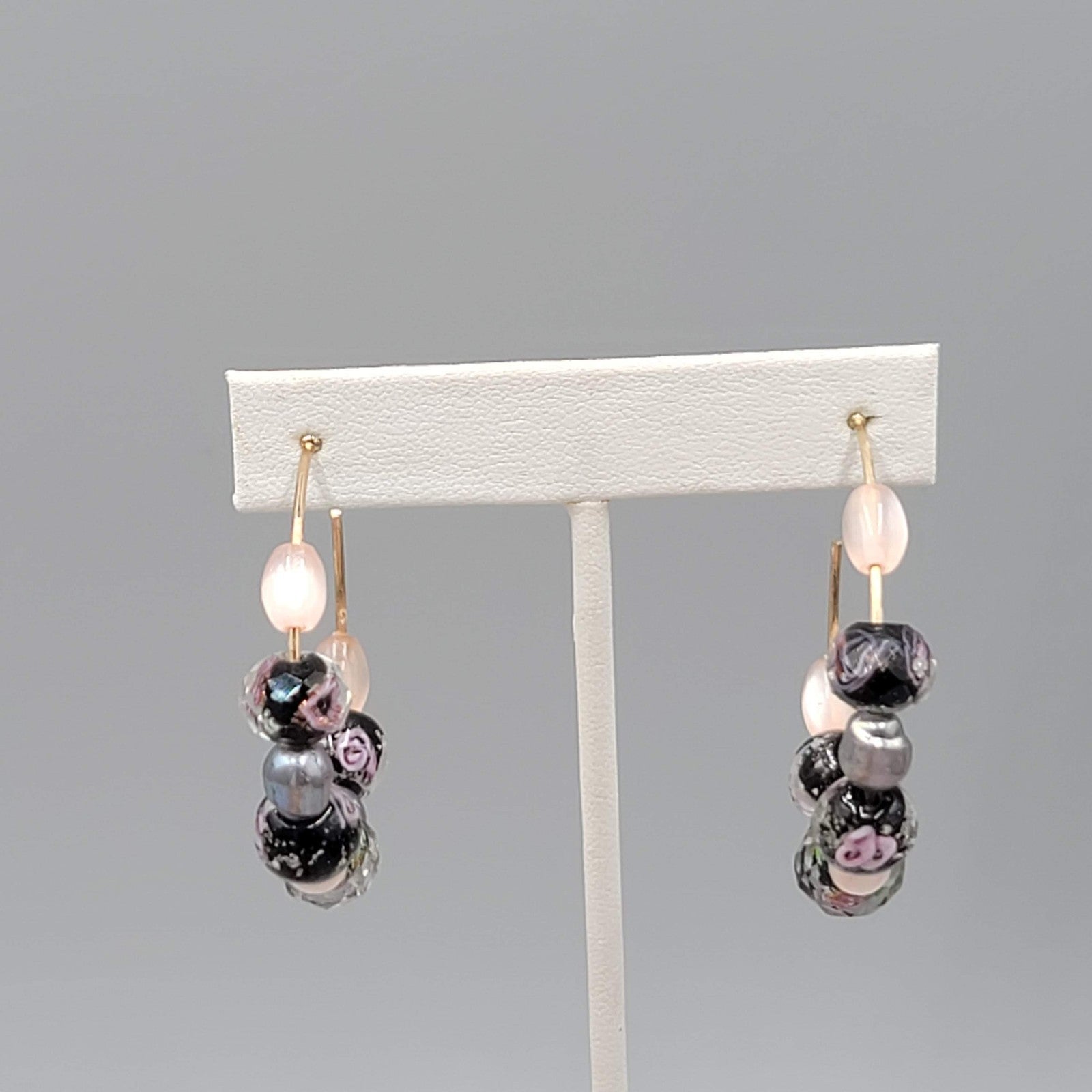 Hoops Black Pink Roses Art Glass Beads Pierced Earrings 1.75 in