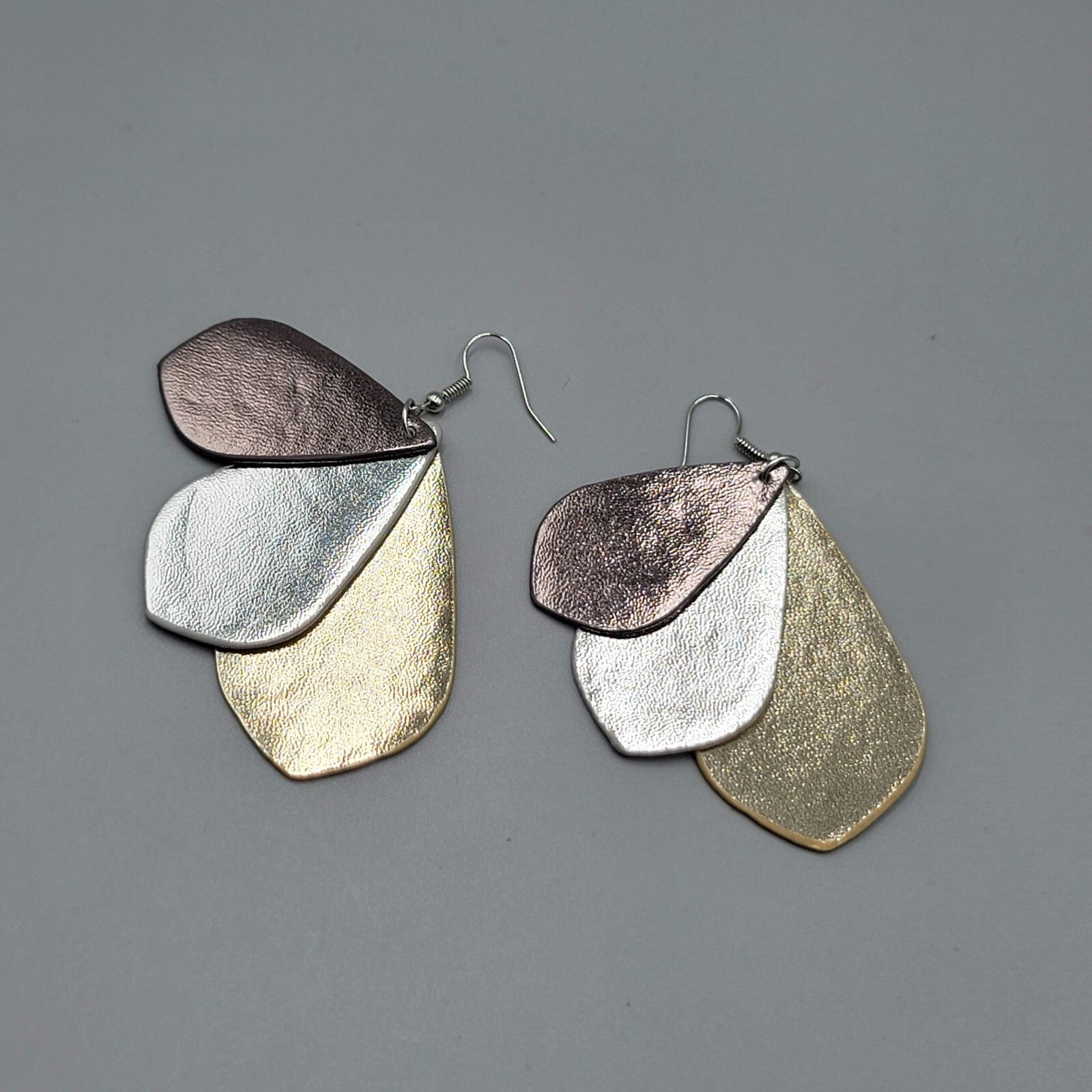 Pierced Earrings Triple Layer Faux Leather Metallic Dangle 2.5"