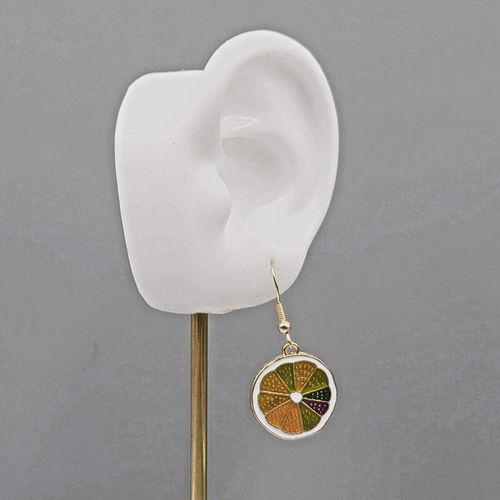 Citrus Fruit Slice Enamel Pierced Earrings Gold tone Dangle 3/4"