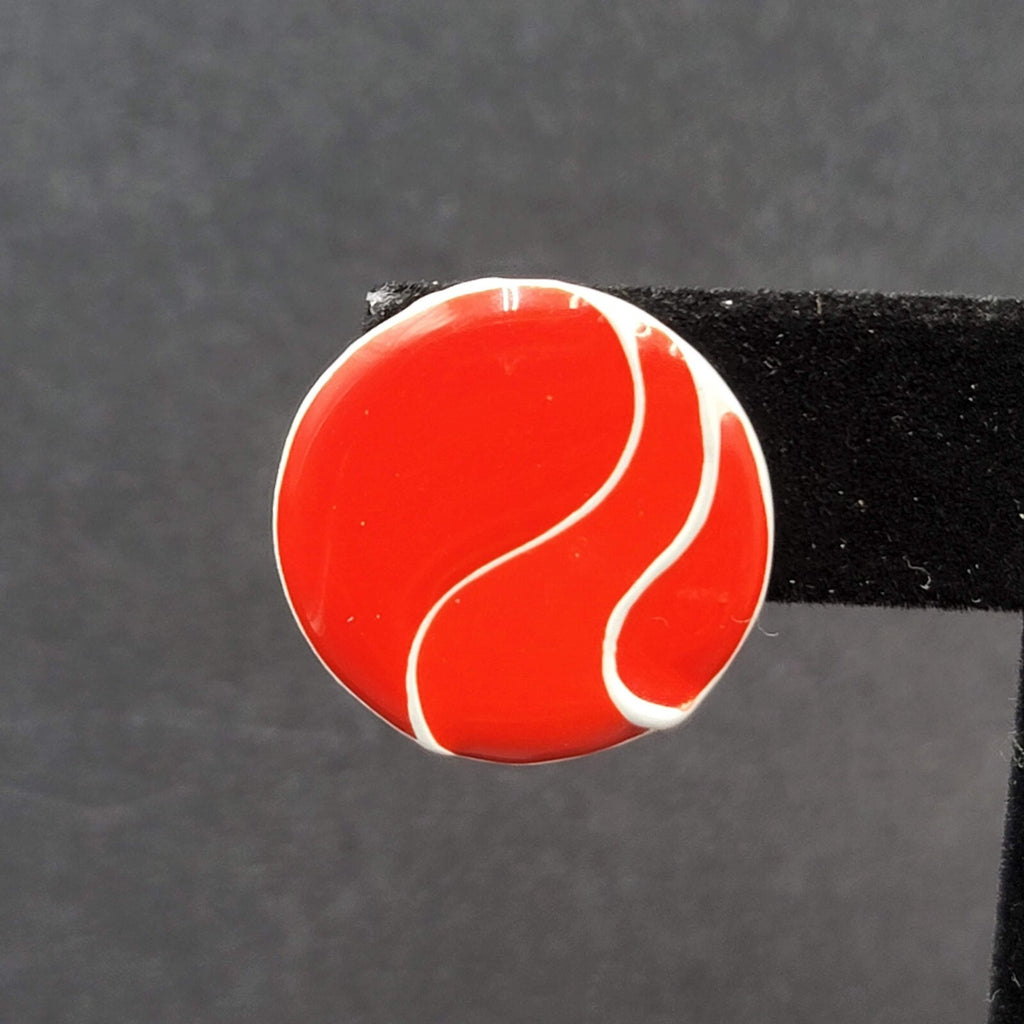 Vintage Pierced Earrings Heavy Enamel Red White Disc Studs 7/8"