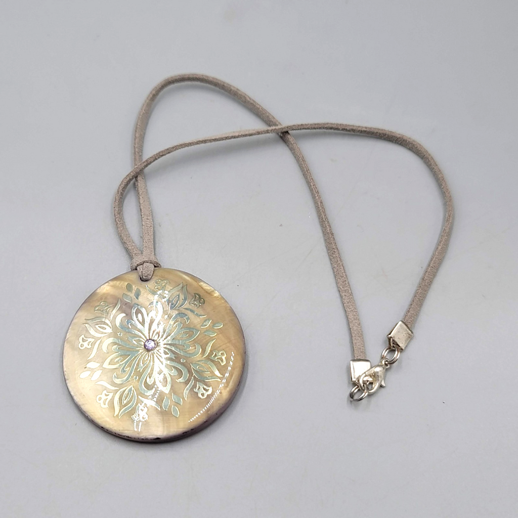 Round Shell Pendant Necklace Gray Leather Cord 16"