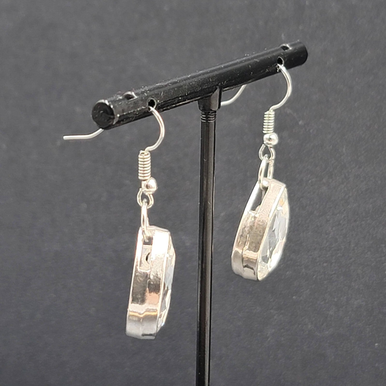 Pierced Earrings Silver tone Teardrop Faceted Glass Dangle 3/4"
