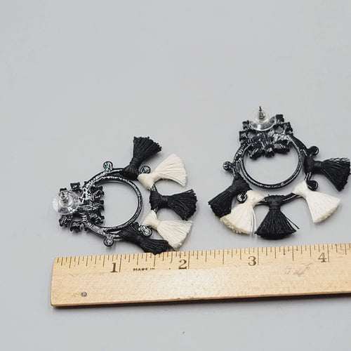 Black White Tassel Statement Pierced Earrings Boho Statement Drop Enamel 2"