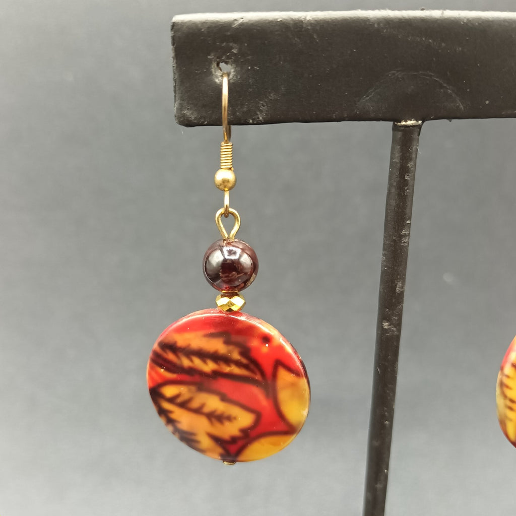 Pierced Earrings Gold tone Multicolor Acrylic Round Leaf Bead Dangle 1 1/2"