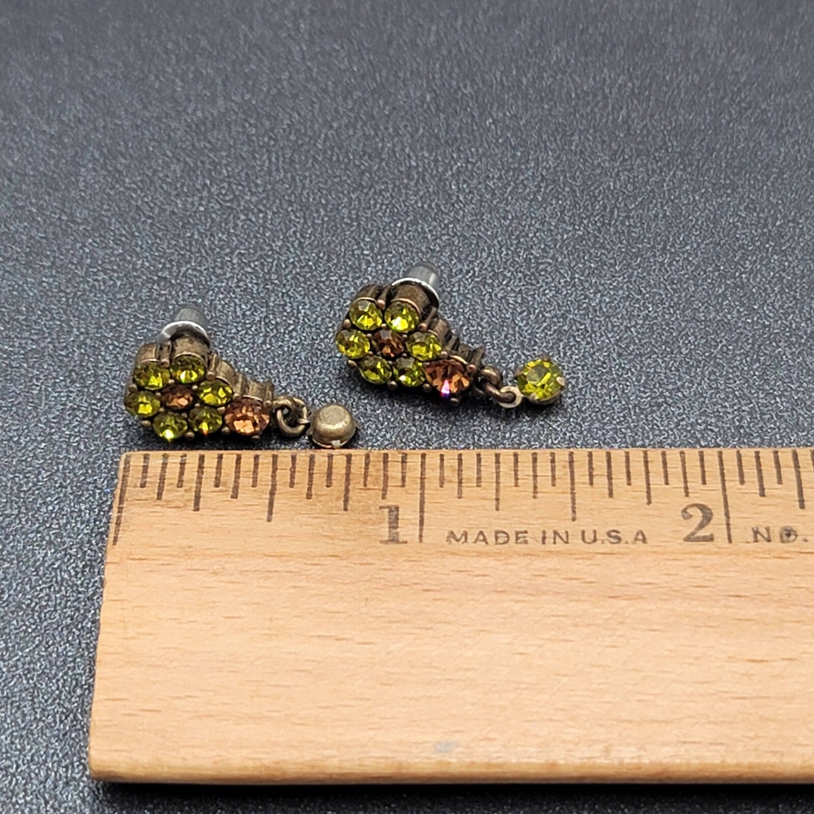 Flower Pierced Earrings Bronze tone Green Brown Crystal Dangle 3/4"