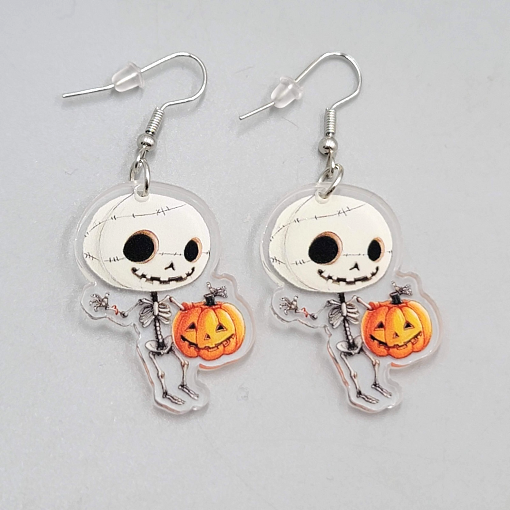 Halloween Skeleton Jack o Lantern Pierced Earrings Silver tone Dangle 1.5 in