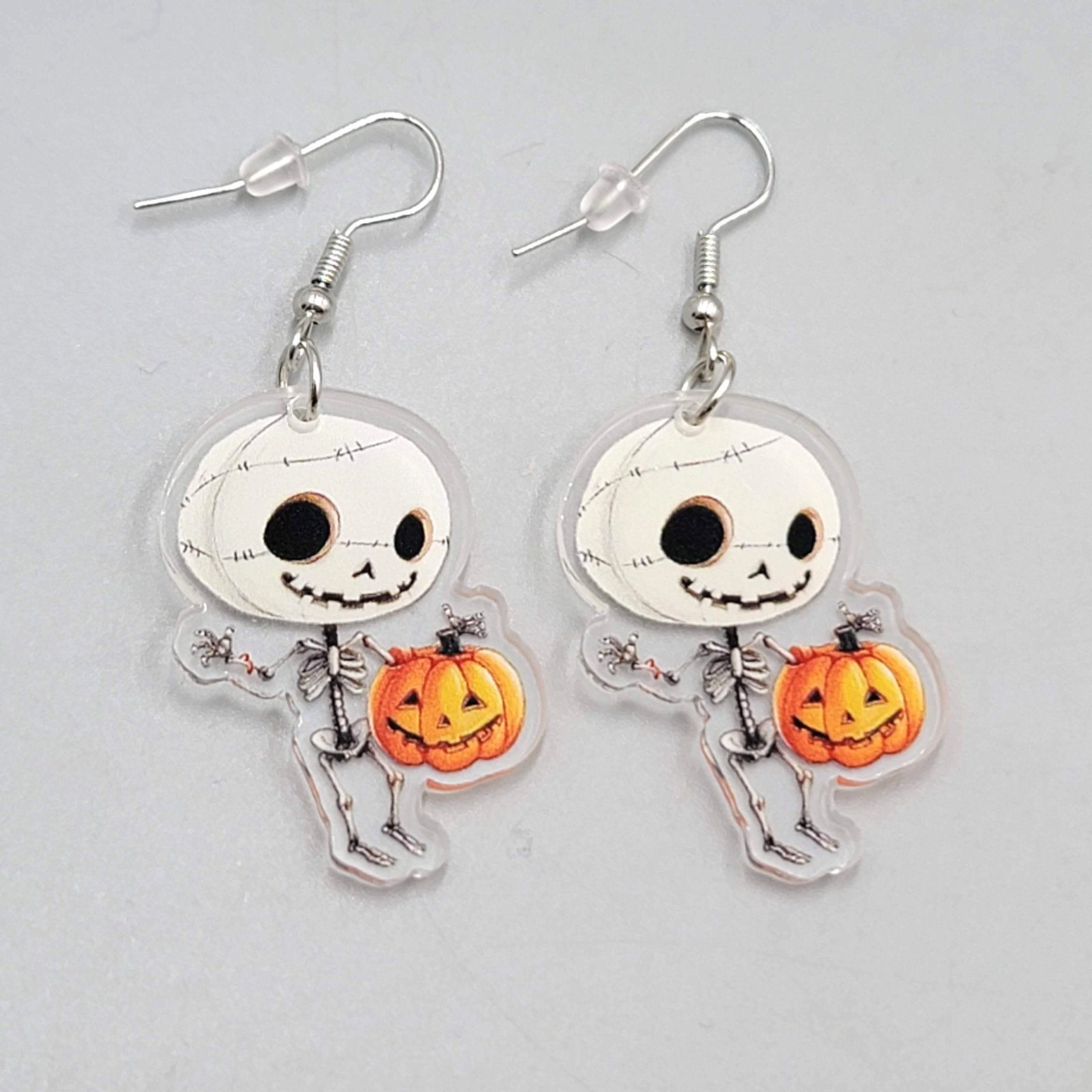 Halloween Skeleton Jack o Lantern Pierced Earrings Silver tone Dangle 1.5 in