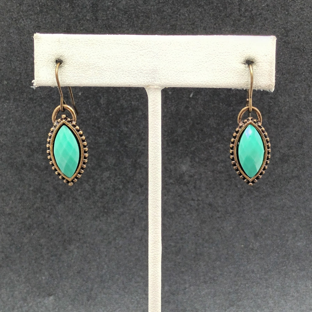 Pierced Earrings Antiqued Gold tone Faceted Faux Turquoise Acrylic Dangle 3/4"