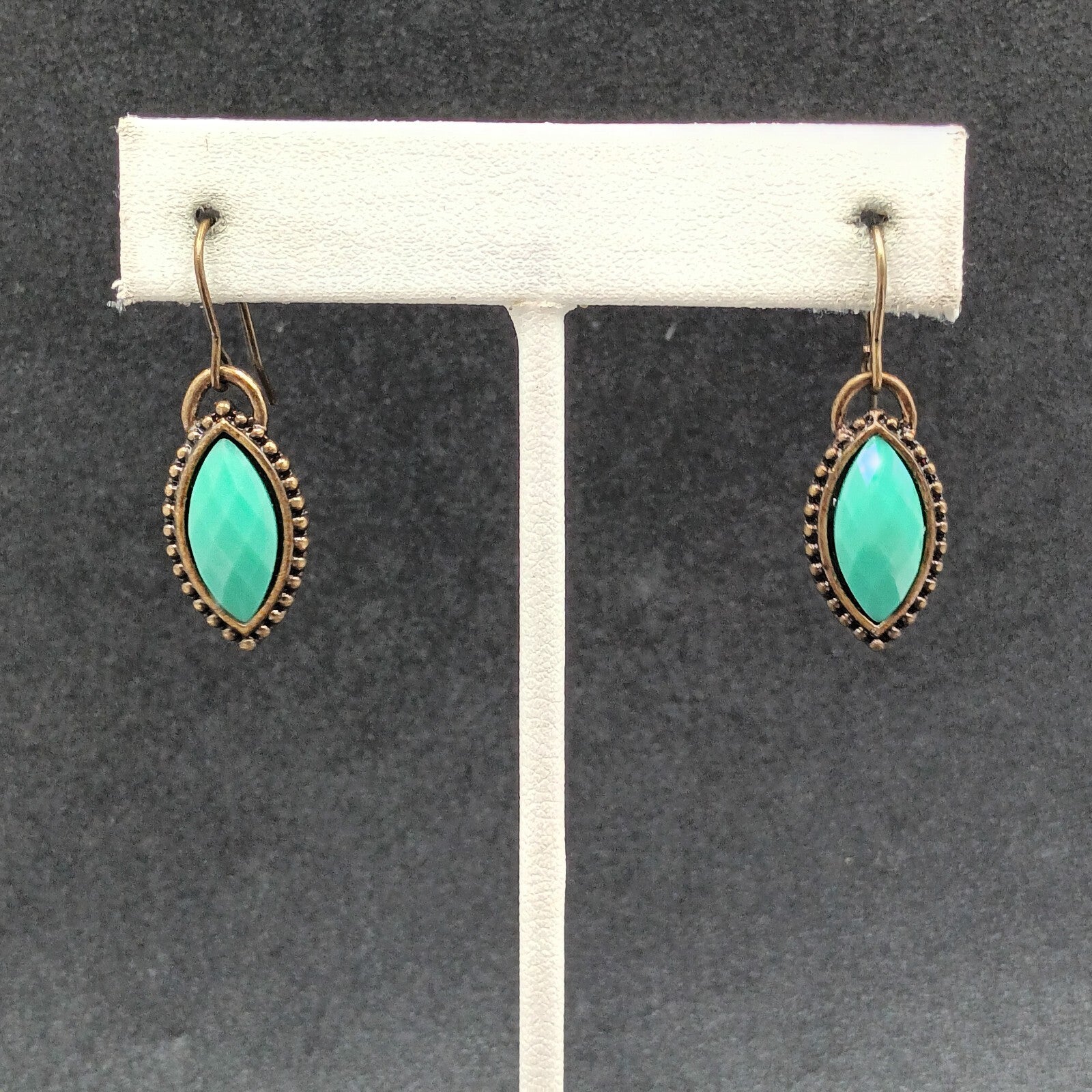 Pierced Earrings Antiqued Gold tone Faceted Faux Turquoise Acrylic Dangle 3/4"