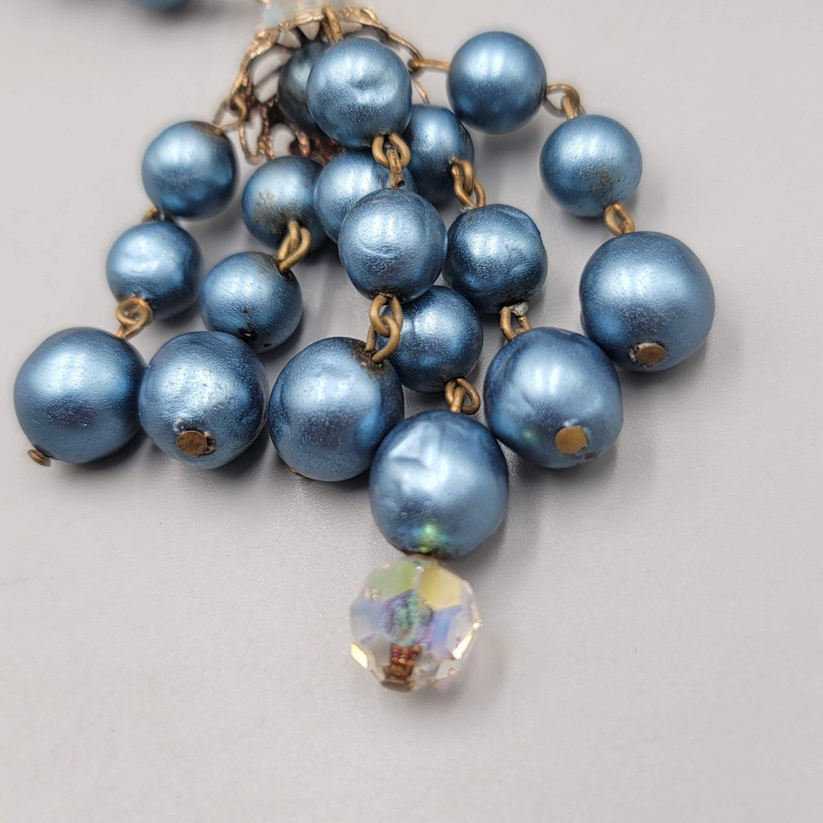 Vintage Faux Pearl Bead Necklace 24" Crystal Aurora Borealis Dangle Gold Tone