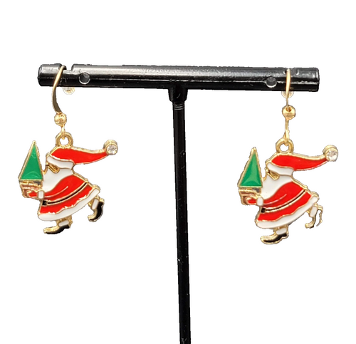 Christmas Pierced Earrings Santa Claus Gold tone Enamel Dangle 1"