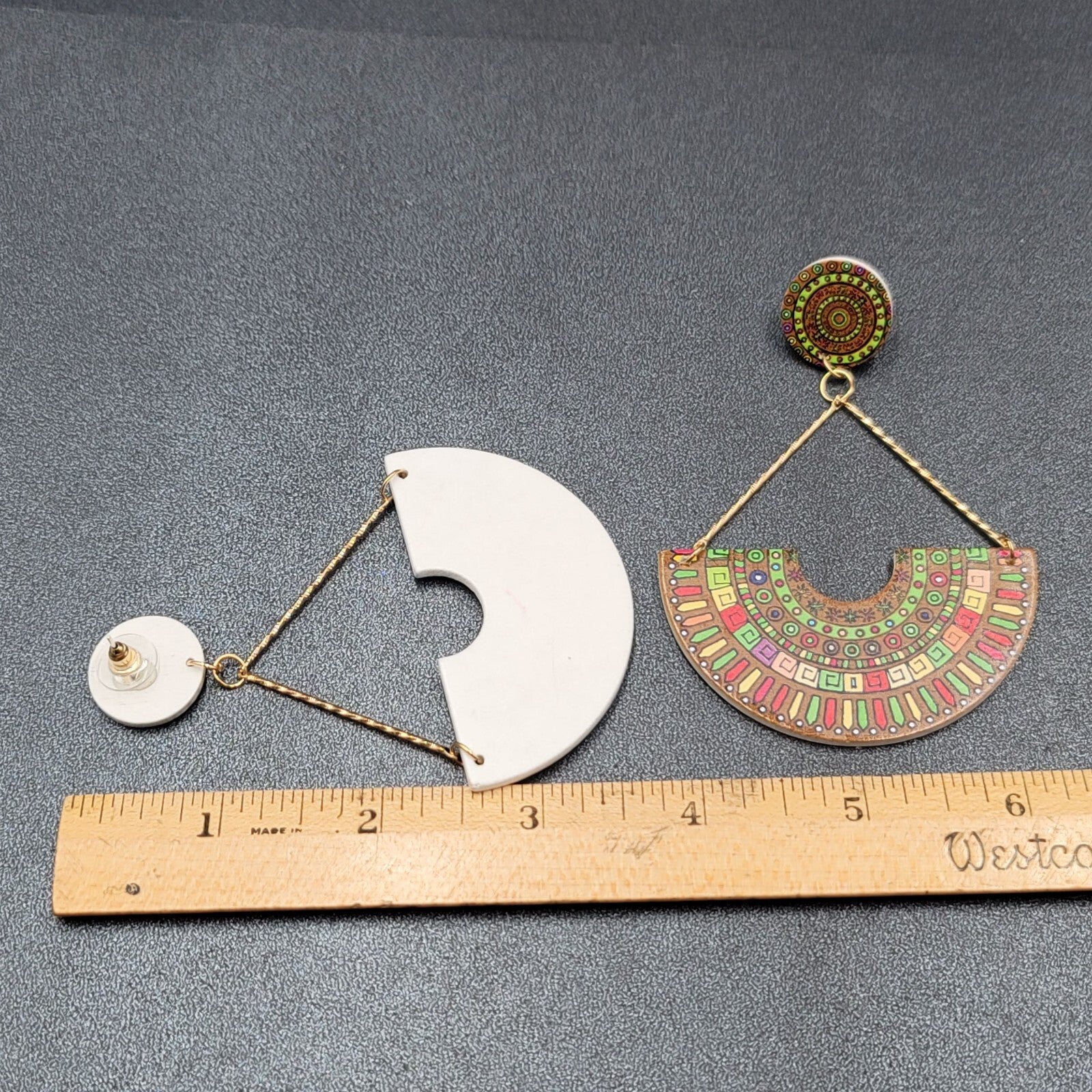 Large Statement Pierced Earrings Multicolor Boho Wood Dangle 3.5"