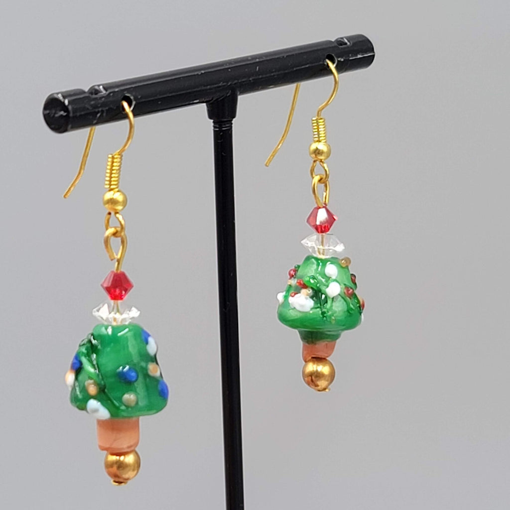 Christmas Tree Pierced Earrings Art Glass Bead Dangle 1.25"