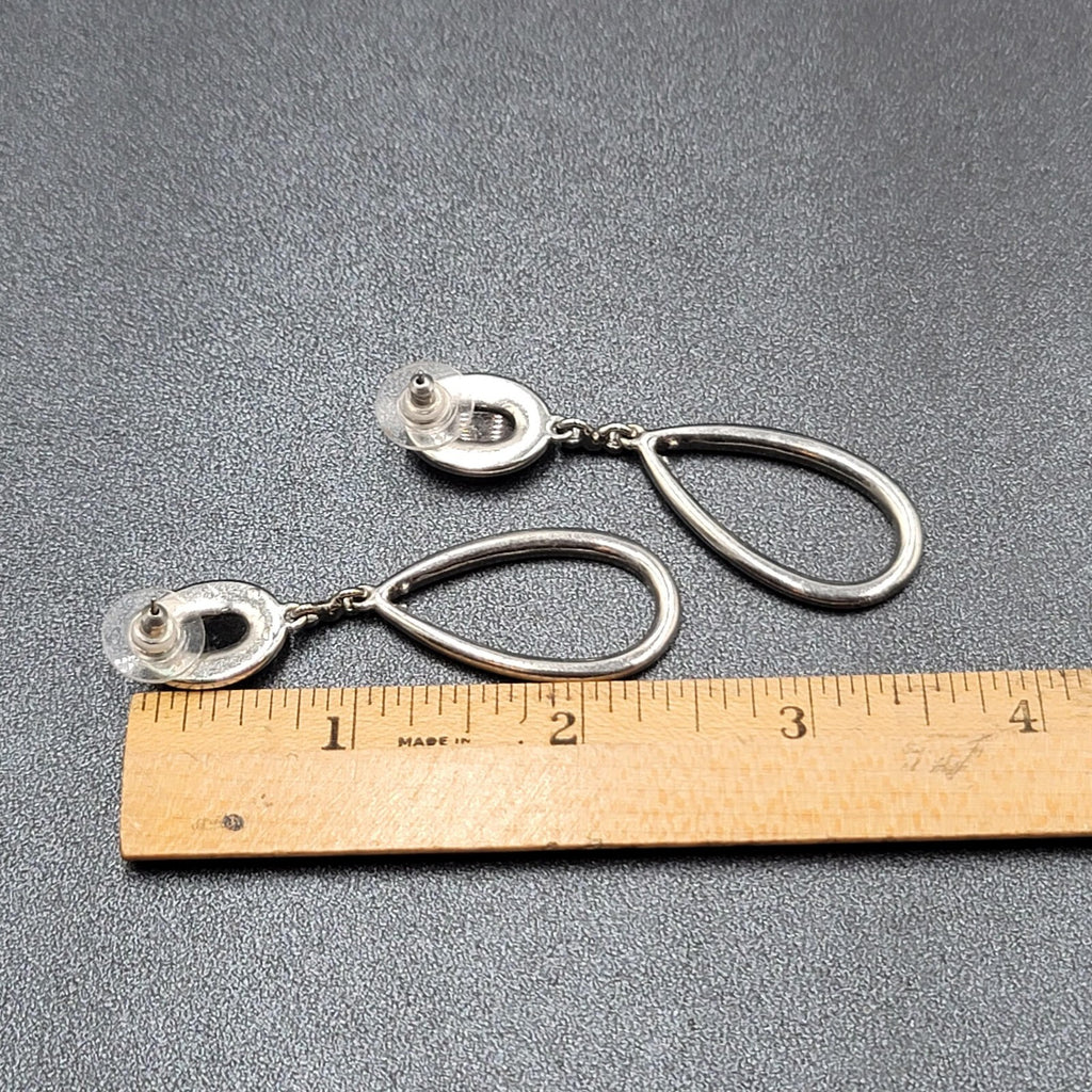 Pierced Earrings Silver tone Black Accent Crystal Rhinestones Dangle 2.5"