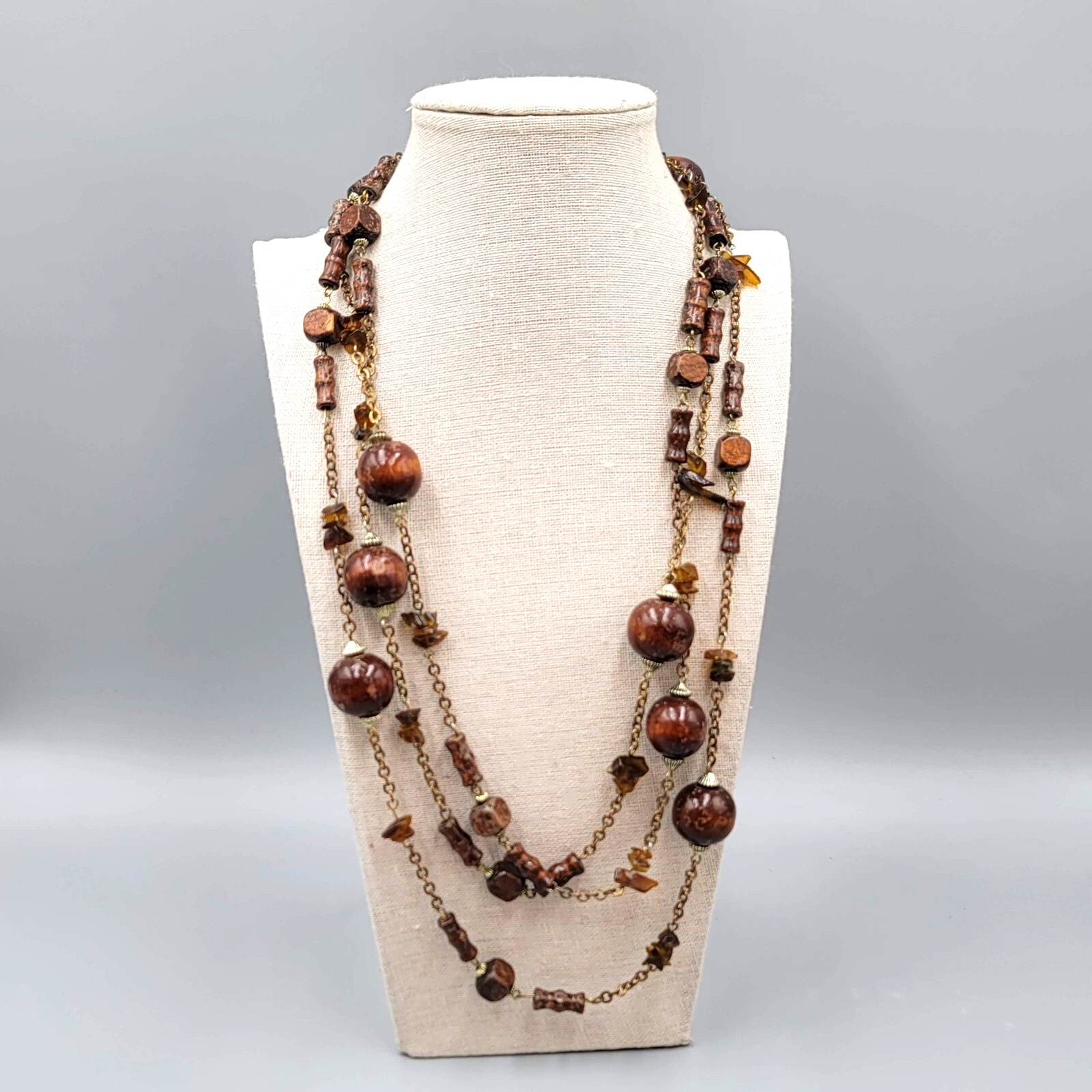 Vintage Wood Bead Necklace Amber Chip Extra Long 72"