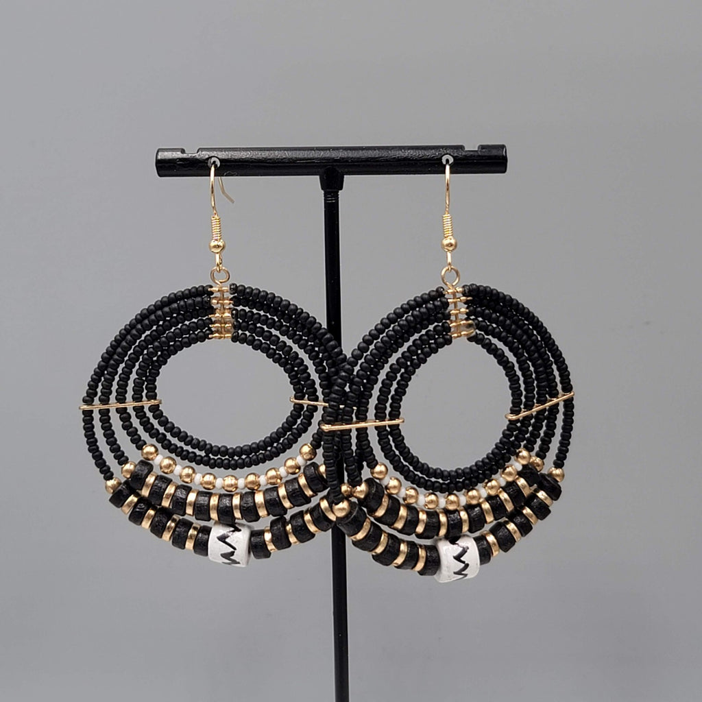 Pierced Earrings Black Gold tone Bead Hoops Boho Dangle 2"