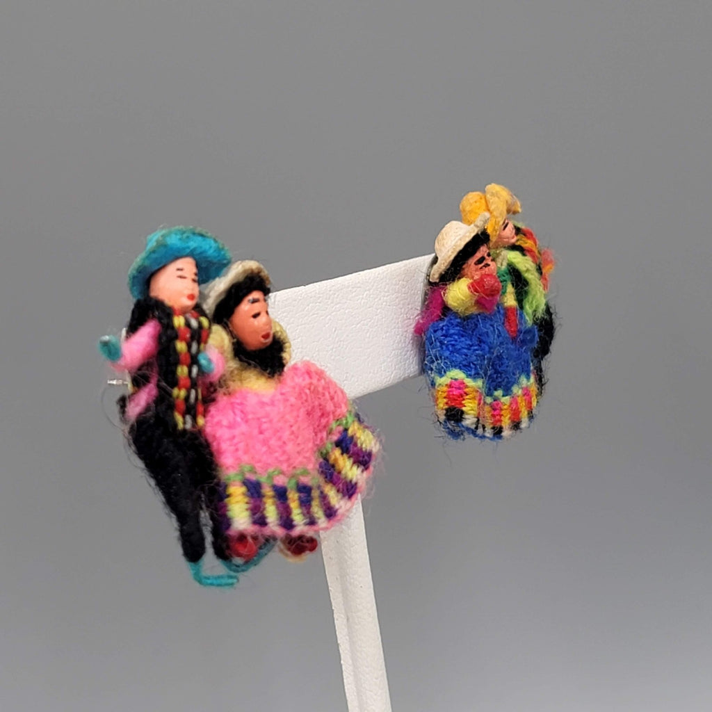 Vintage Guatemala Worry Doll Pierced Earrings 1.25 in