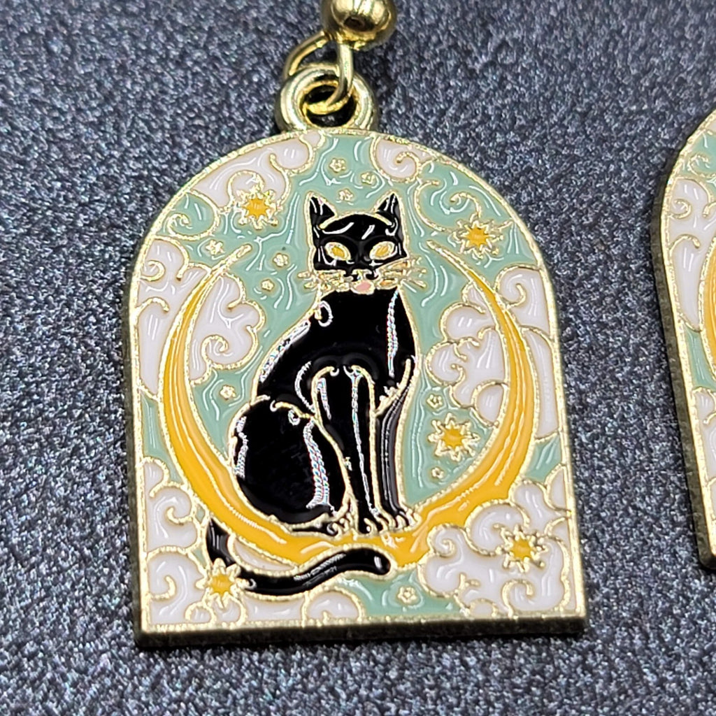 Pierced Earrings Gold tone Enamel Black Cat Crescent Moon Dangle 1"