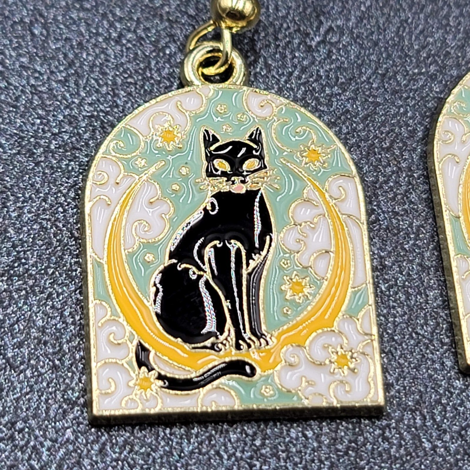 Pierced Earrings Gold tone Enamel Black Cat Crescent Moon Dangle 1"