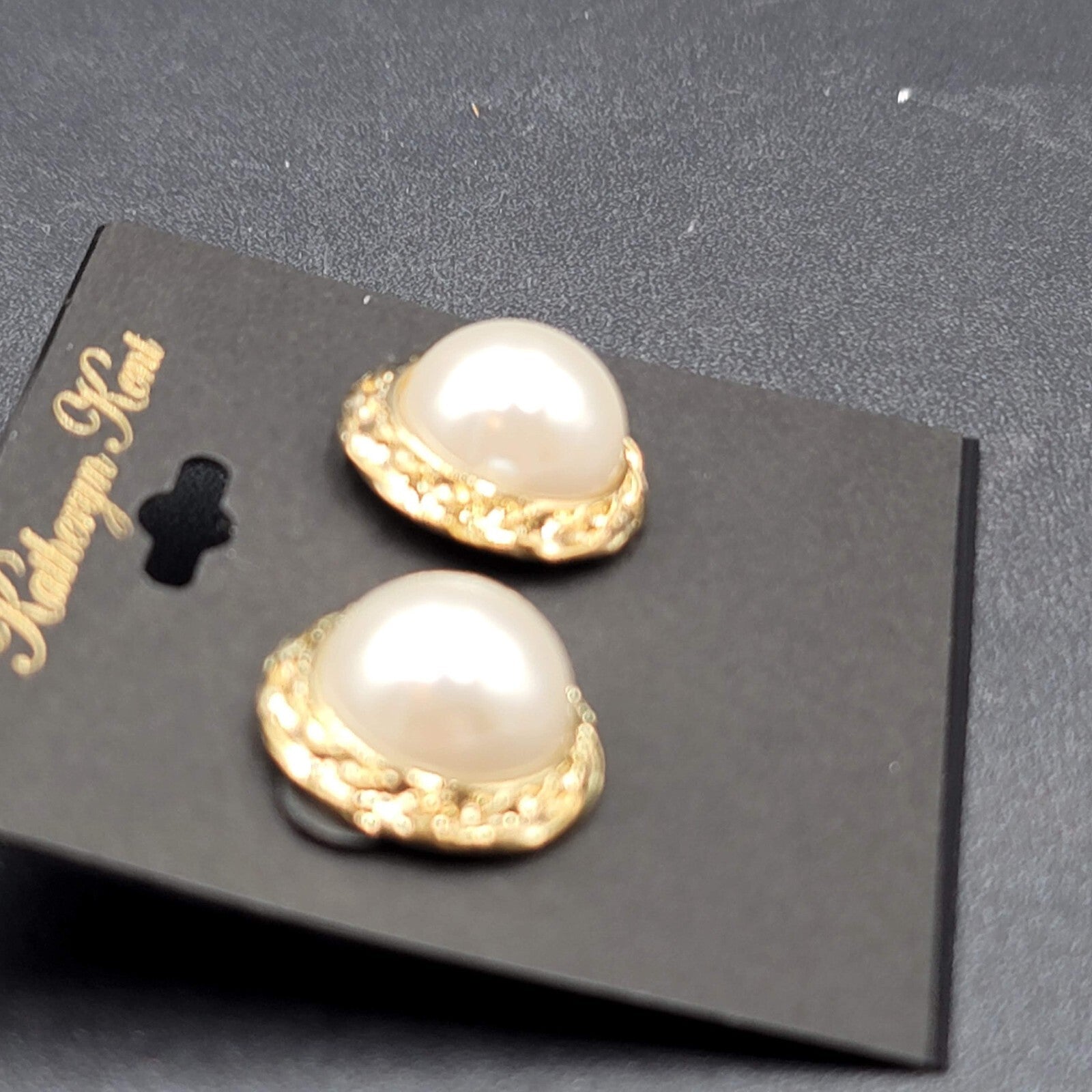 Katheryn Kent Pierced Earrings Gold tone Domed White Studs NOS 3/4"