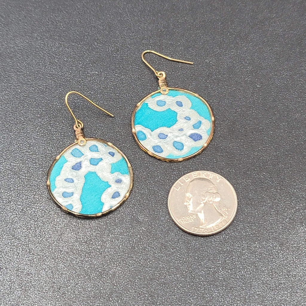 Pierced Earrings Hand Painted Silk Dangle Gold tone 1 3/8"