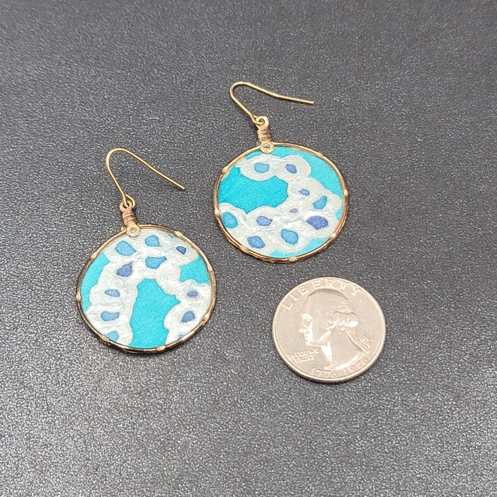 Pierced Earrings Hand Painted Silk Dangle Gold tone 1 3/8"