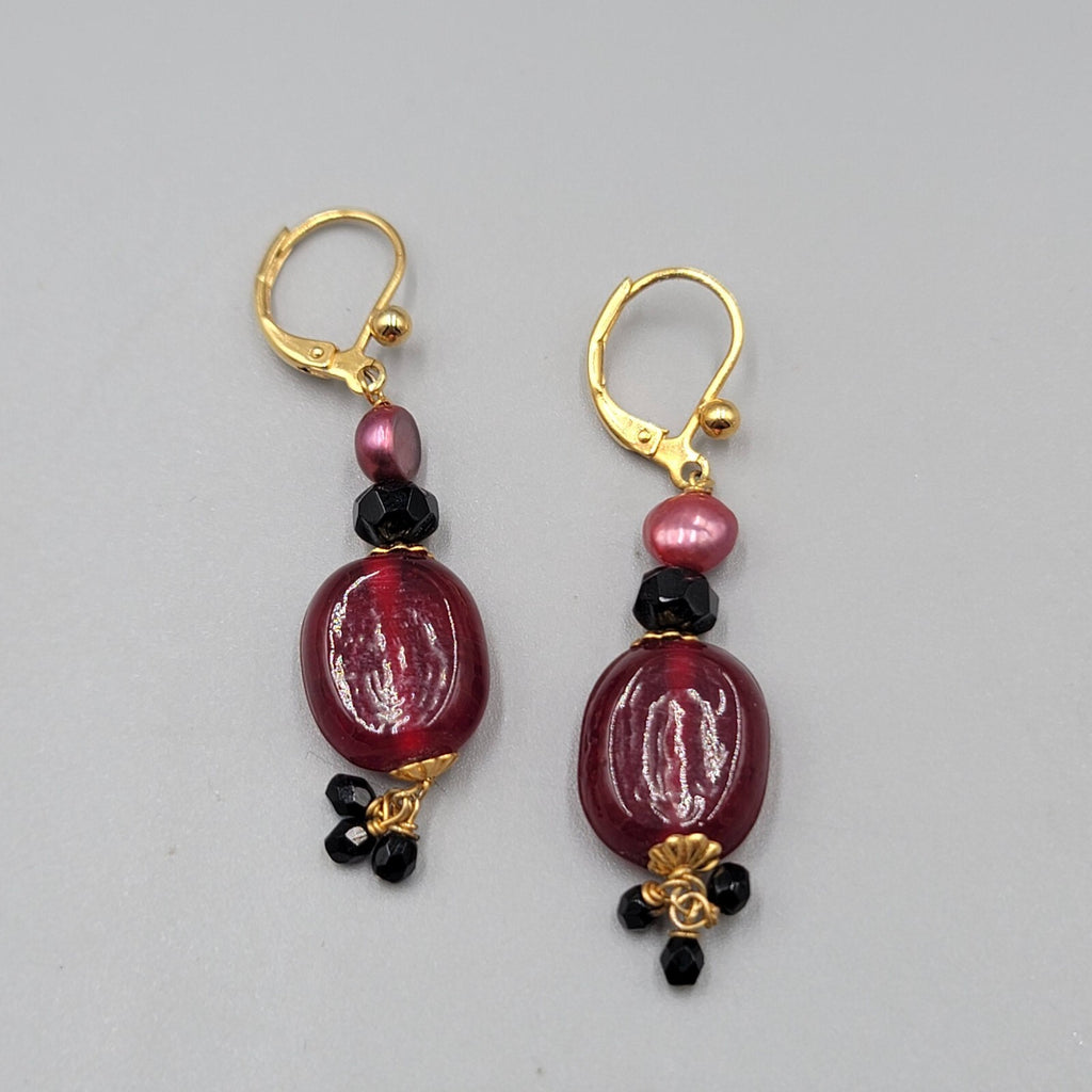 Red Glass Bead Pearl Pierced Earrings Gold tone Dangle 1.25"