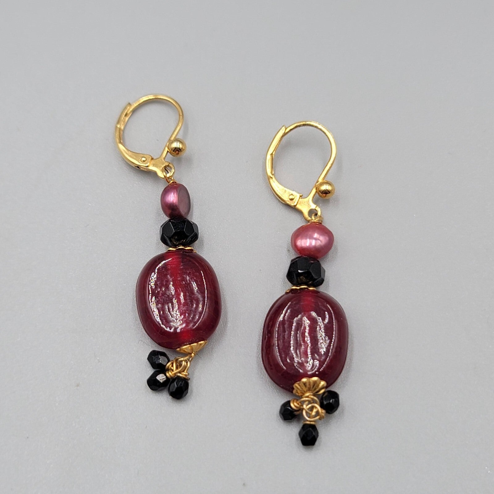 Red Glass Bead Pearl Pierced Earrings Gold tone Dangle 1.25"
