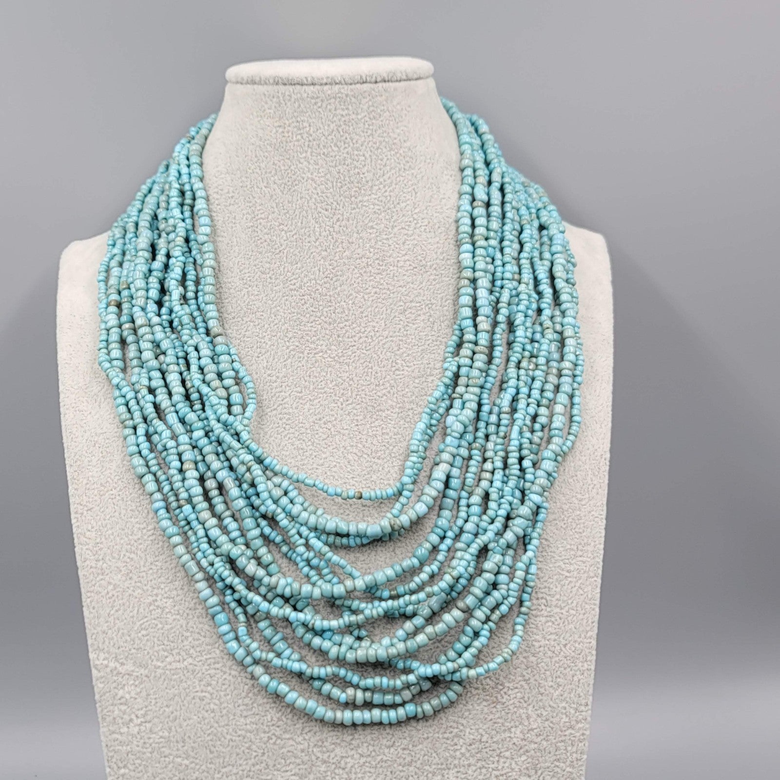Artisan Necklace 14 Strand Blue Seed Bead Wood Clasp Statement 18"