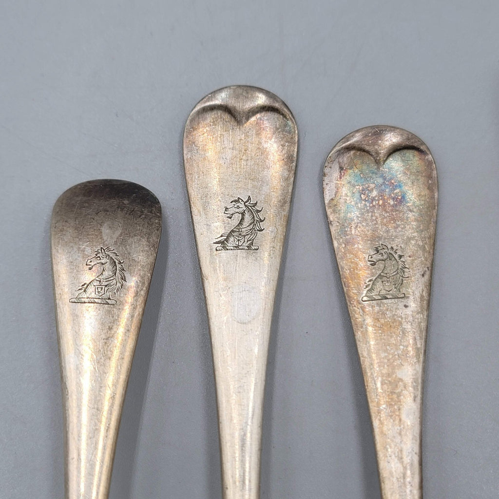 Antique James Dixon Silver plate 7 Forks Spoon Crest Monogram Heraldic Set