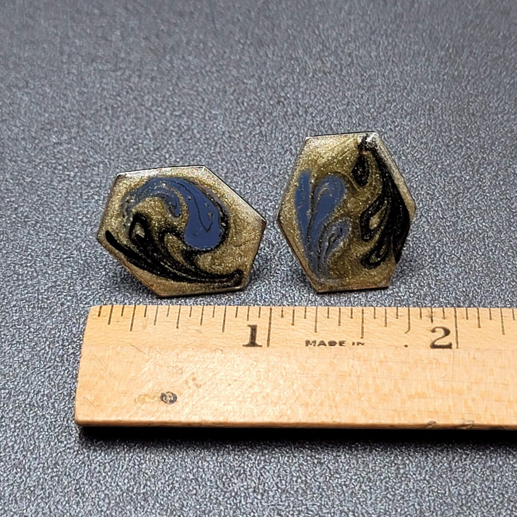 Vintage Pierced Earrings Blue Black Enamel Silver tone Drop 7/8"