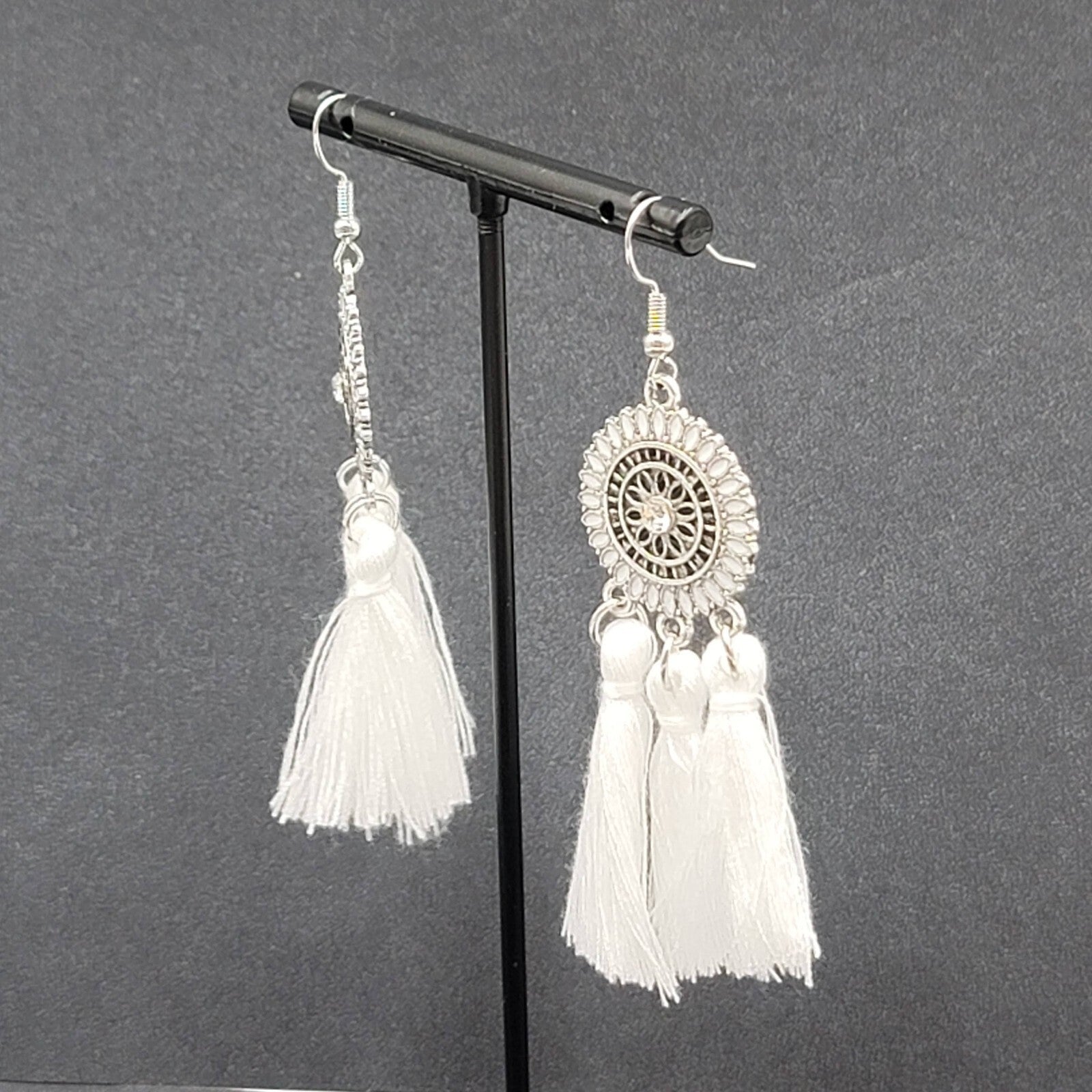 Pierced Earrings Silver tone Enamel Medallion Round Dangle White Tassel 2.5"