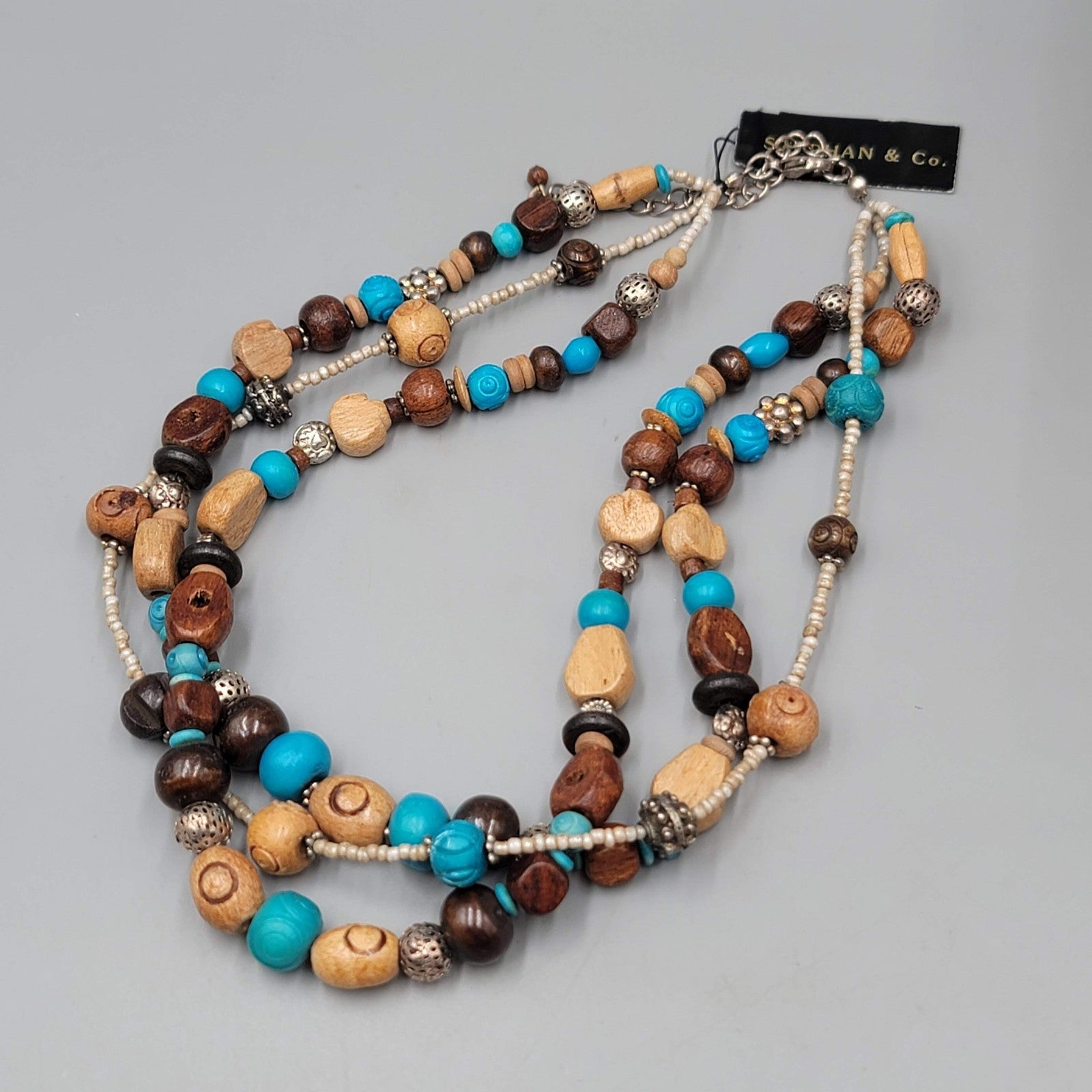 Stephan & Co Multi Strand Wooden Bead Necklace Silver Tone Boho Layered 18 Inch