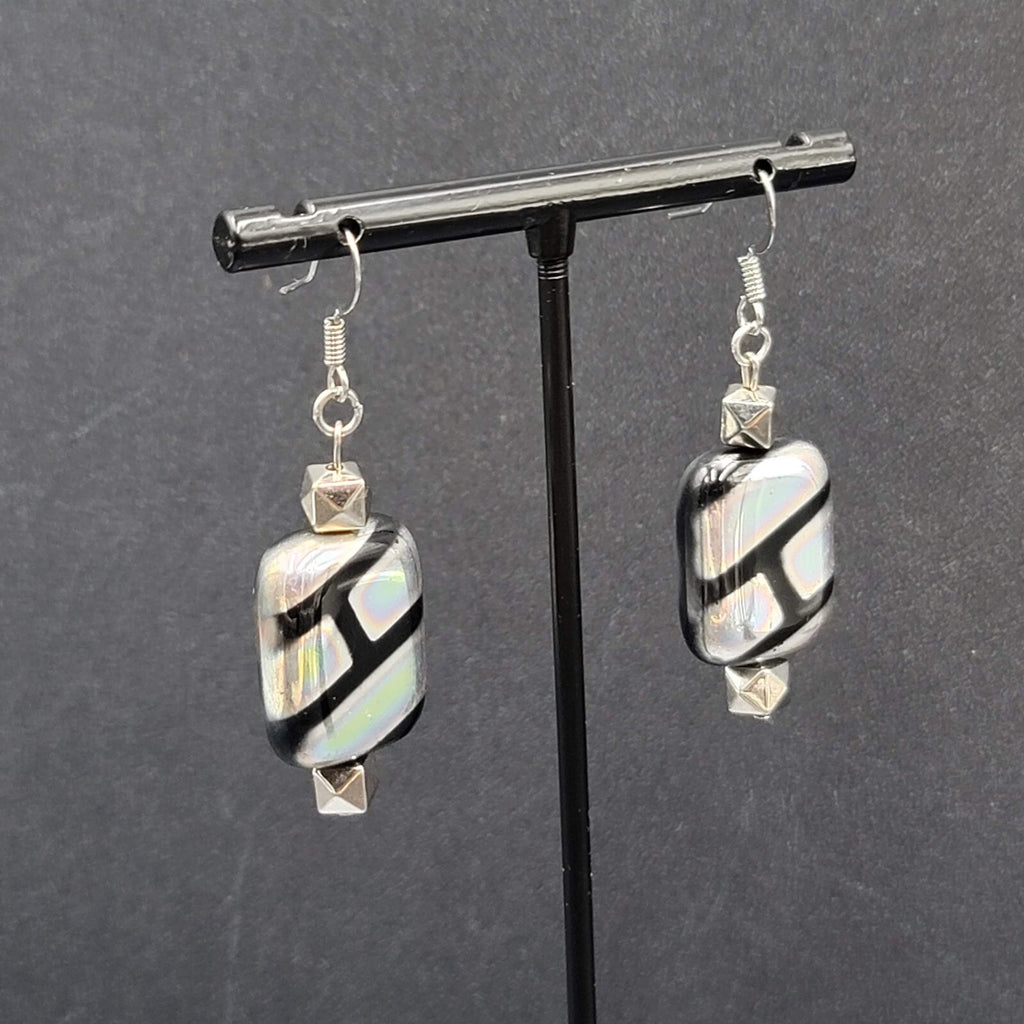 Pierced Earrings Unique Art Glass Beads Iridescent Rectangles 1 3/8"