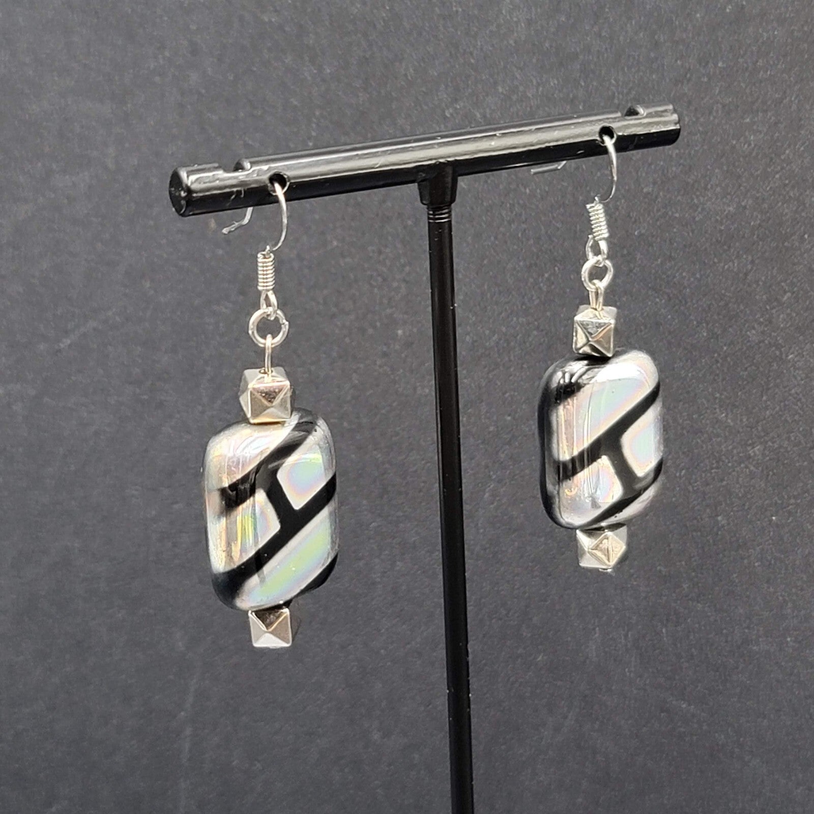 Pierced Earrings Unique Art Glass Beads Iridescent Rectangles 1 3/8"
