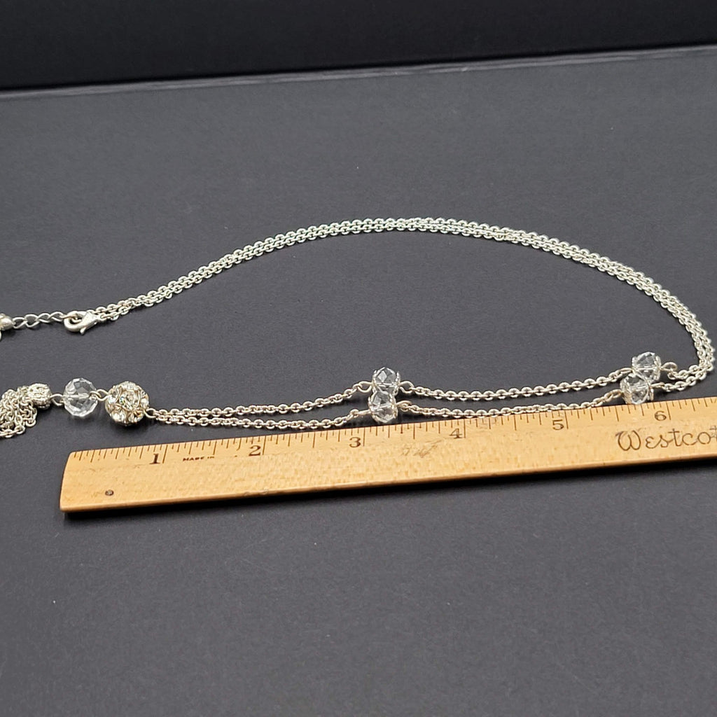 Long Chain Tassel Necklace Silver tone Rhinestone Accent 28"