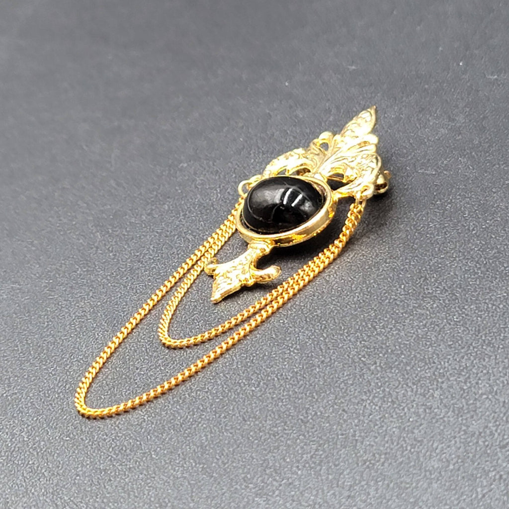 Vintage Bergere Black Cabochon and Gold Tone Brooch with Chain Swag Retro Estate