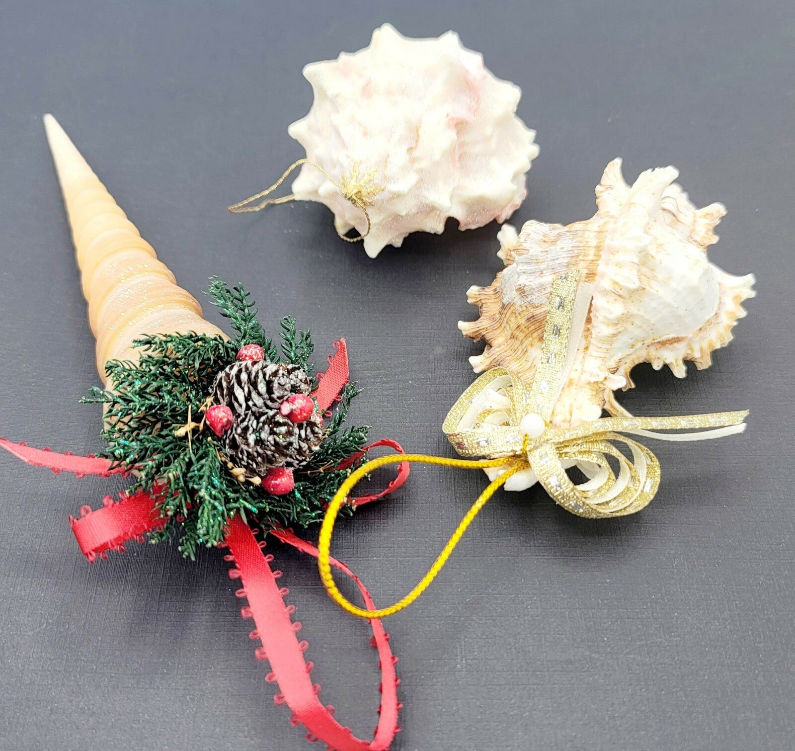 Sea Shell Christmas Ornaments Large Holiday White Glitter Lot of 3