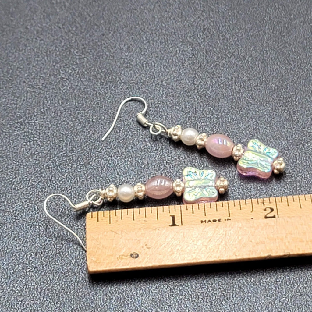 New Pierced Earrings Silver tone Iridescent Butterfly Bead Dangle Pink 1.5"